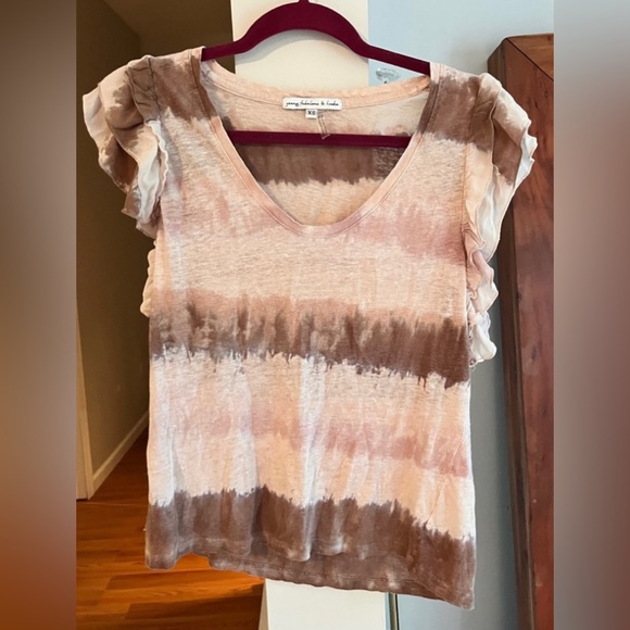 Young Fabulous & Broke Pink White Brown Ruffle Shoulder 100% Linen Short Sleeve - Picture 2 of 5